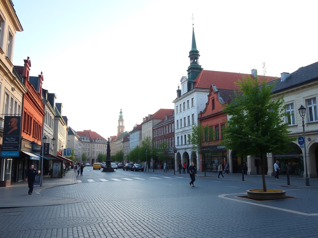 Mapa infrastruktury usługowej miasta Pruszków z zaznaczonymi sklepami, restauracjami i placówkami edukacyjnymi